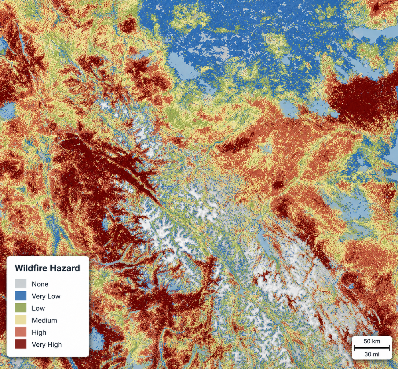 Fire Hazard Canada wildfire hazard data at 30-meter resolution example